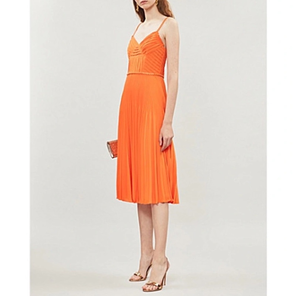 Karen Millen chain trim pleated crepe Bright Orange Dress size 6